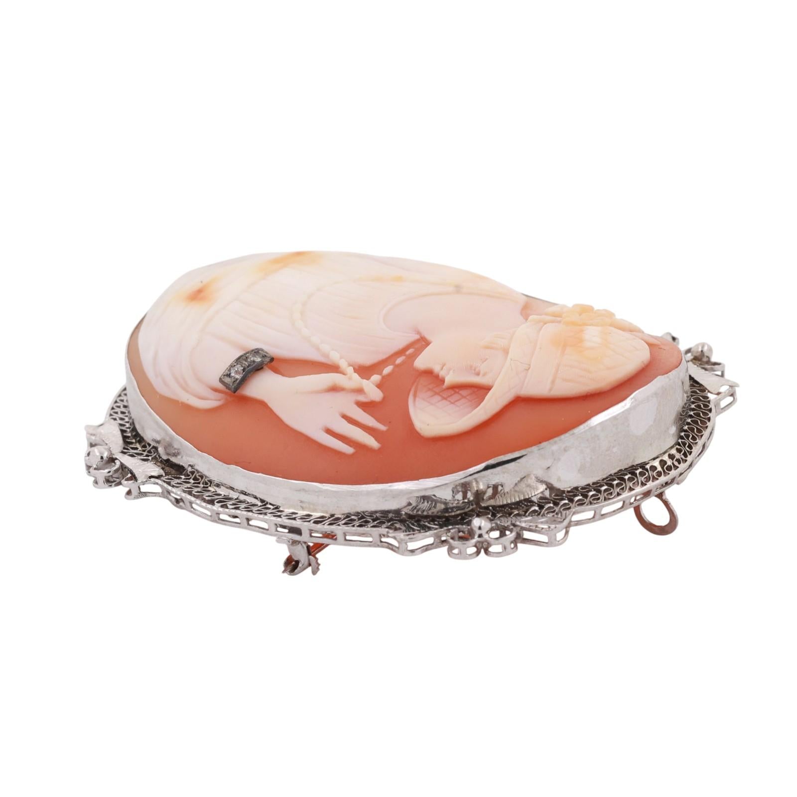 Vintage Cameo Brooch Pin Pendant White Gold 0.02 TW Diamond Accent 2.05" Ladies