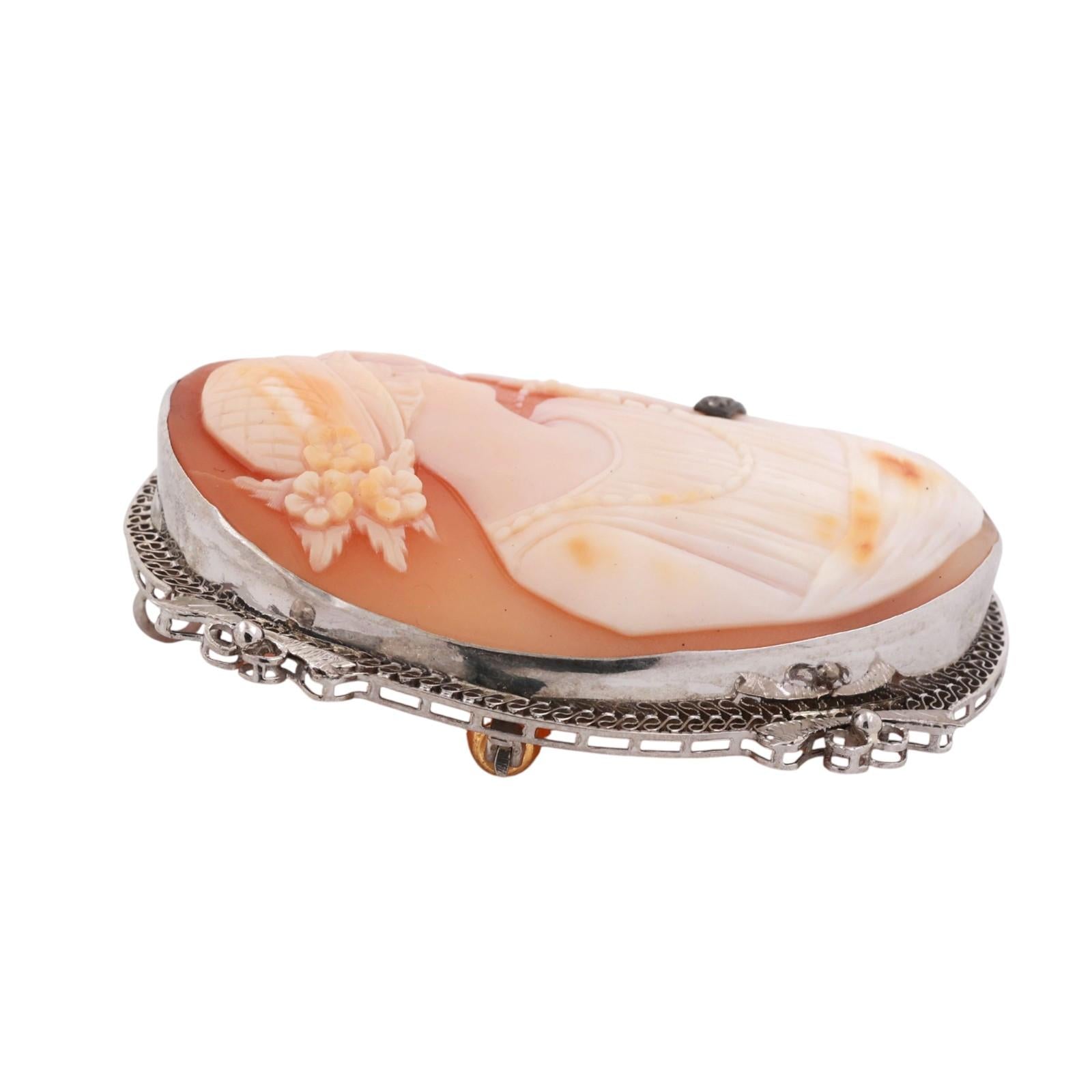 Vintage Cameo Brooch Pin Pendant White Gold 0.02 TW Diamond Accent 2.05" Ladies