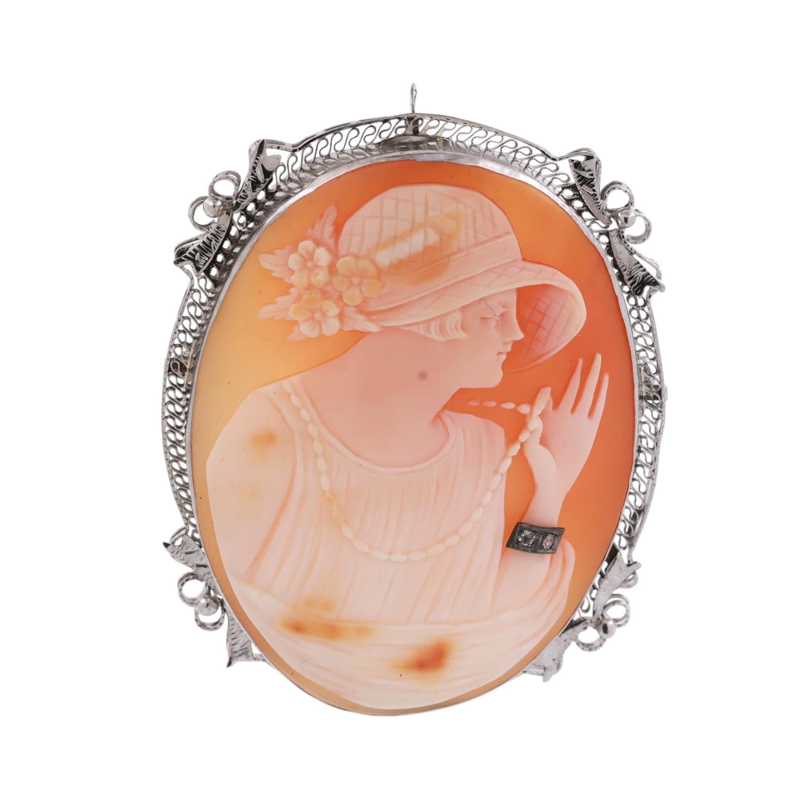 Vintage Cameo Brooch Pin Pendant White Gold 0.02 TW Diamond Accent 2.05" Ladies