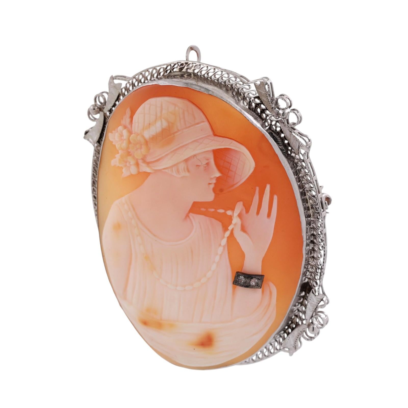 Vintage Cameo Brooch Pin Pendant White Gold 0.02 TW Diamond Accent 2.05" Ladies