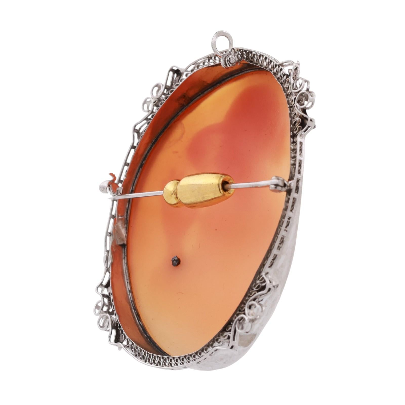 Vintage Cameo Brooch Pin Pendant White Gold 0.02 TW Diamond Accent 2.05" Ladies