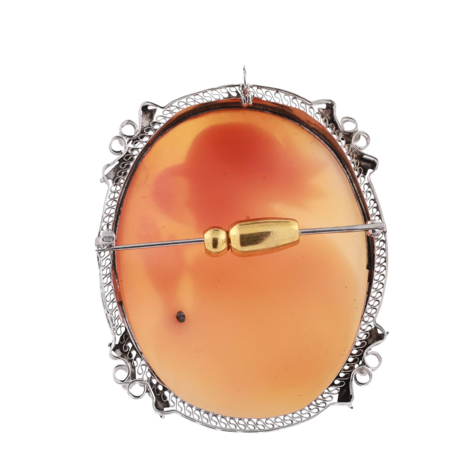 Vintage Cameo Brooch Pin Pendant White Gold 0.02 TW Diamond Accent 2.05" Ladies