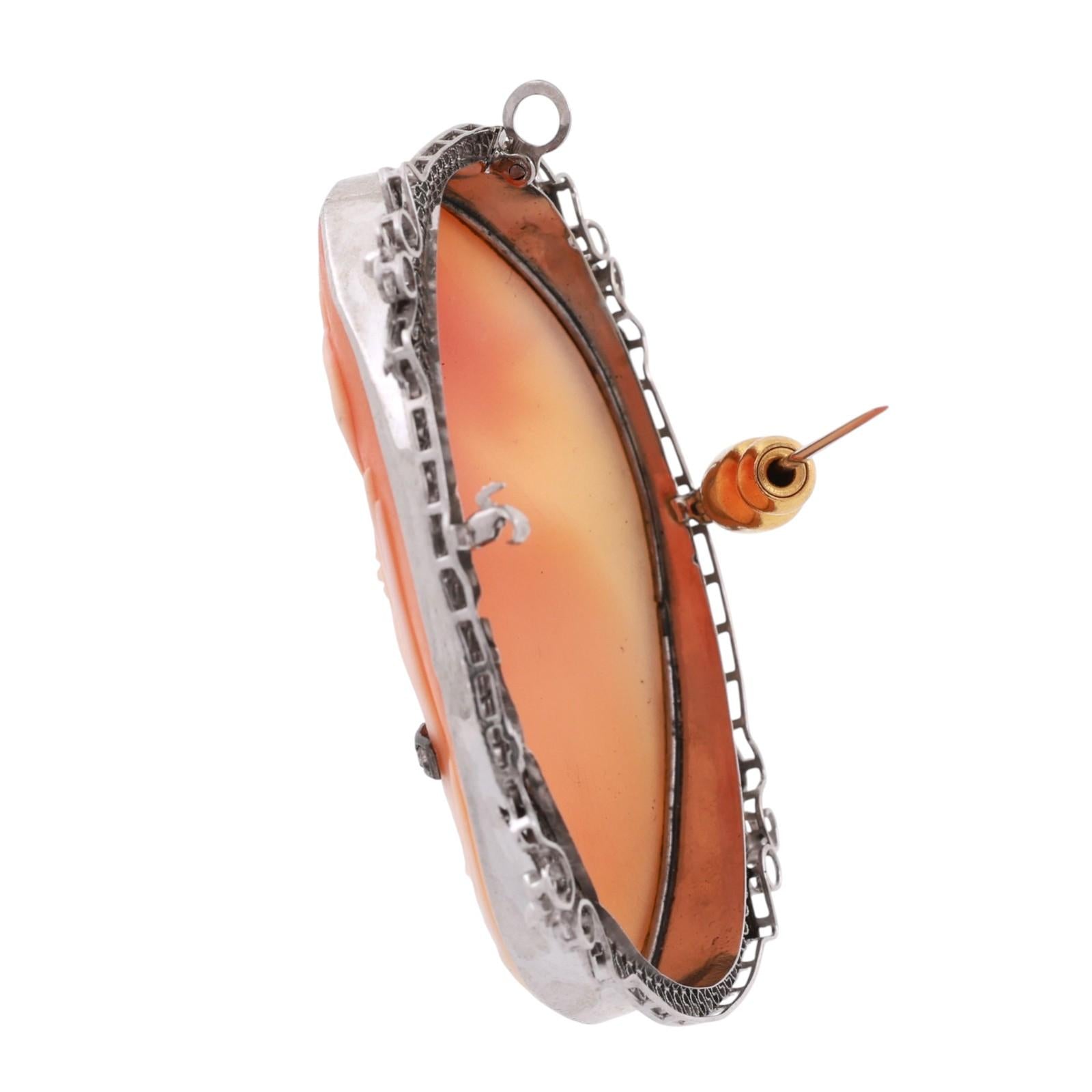 Vintage Cameo Brooch Pin Pendant White Gold 0.02 TW Diamond Accent 2.05" Ladies