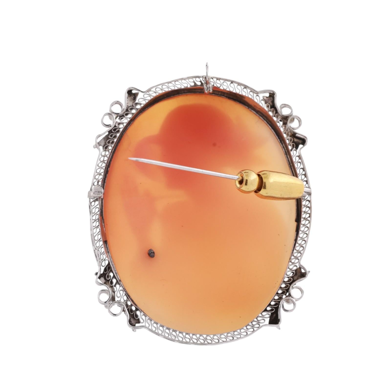 Vintage Cameo Brooch Pin Pendant White Gold 0.02 TW Diamond Accent 2.05" Ladies