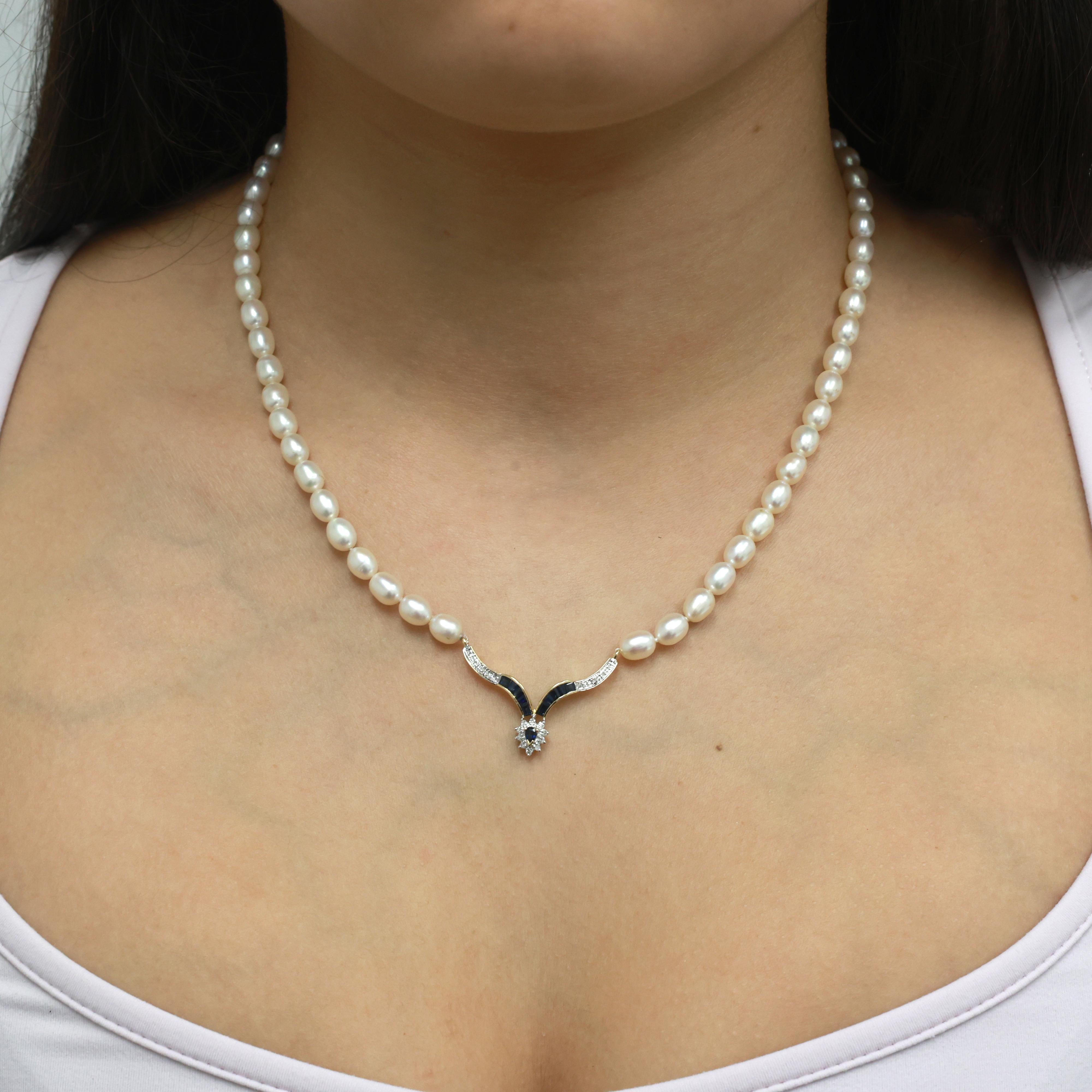 Vintage Pearl Diamond Sapphire Y Drop Necklace 14K Yellow Gold 18.5" Ladies