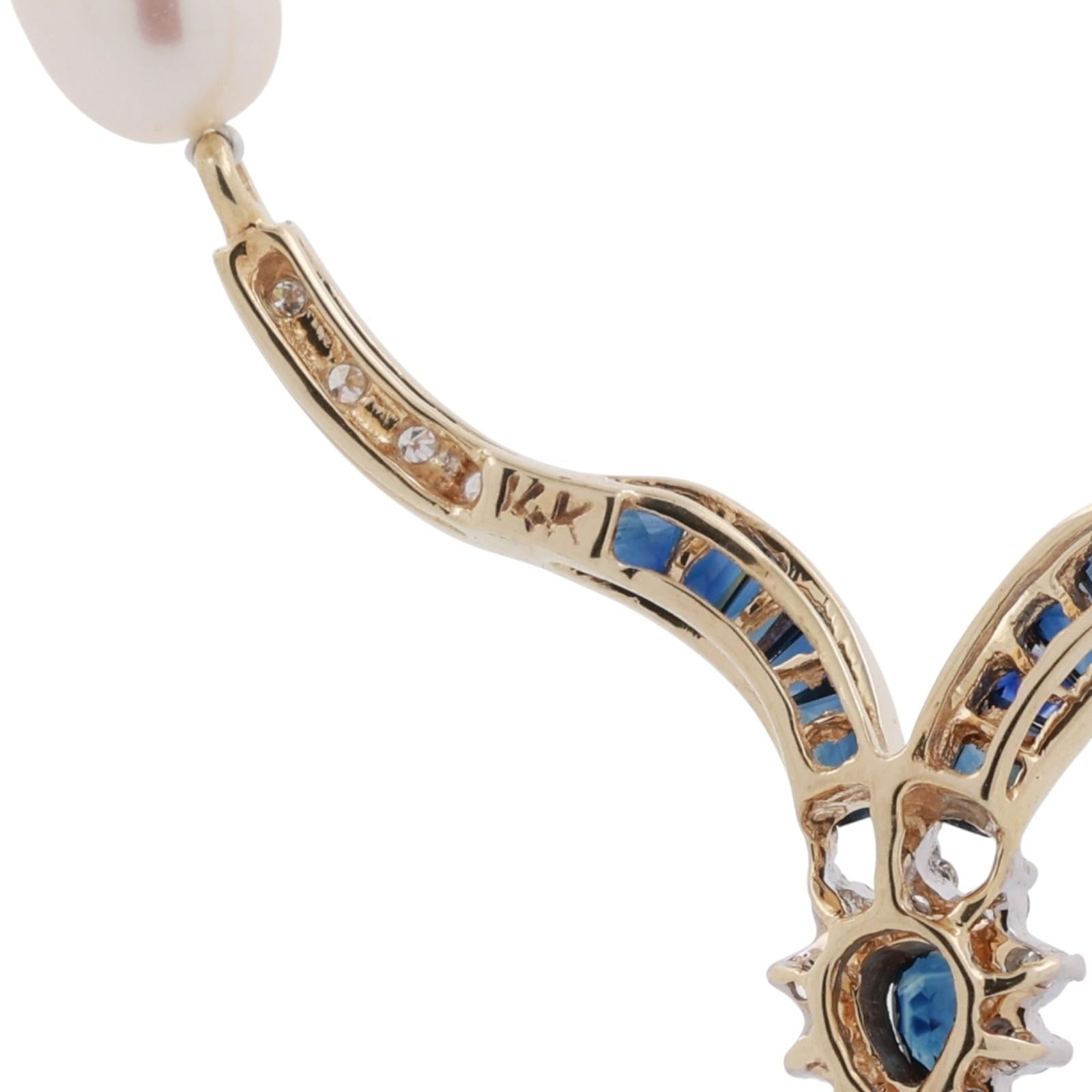 Vintage Pearl Diamond Sapphire Y Drop Necklace 14K Yellow Gold 18.5" Ladies