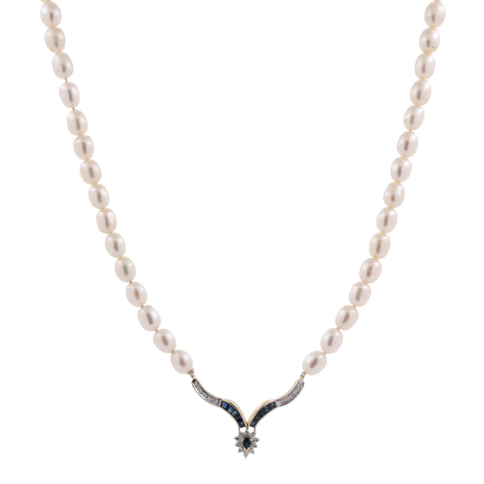 Vintage Pearl Diamond Sapphire Y Drop Necklace 14K Yellow Gold 18.5" Ladies