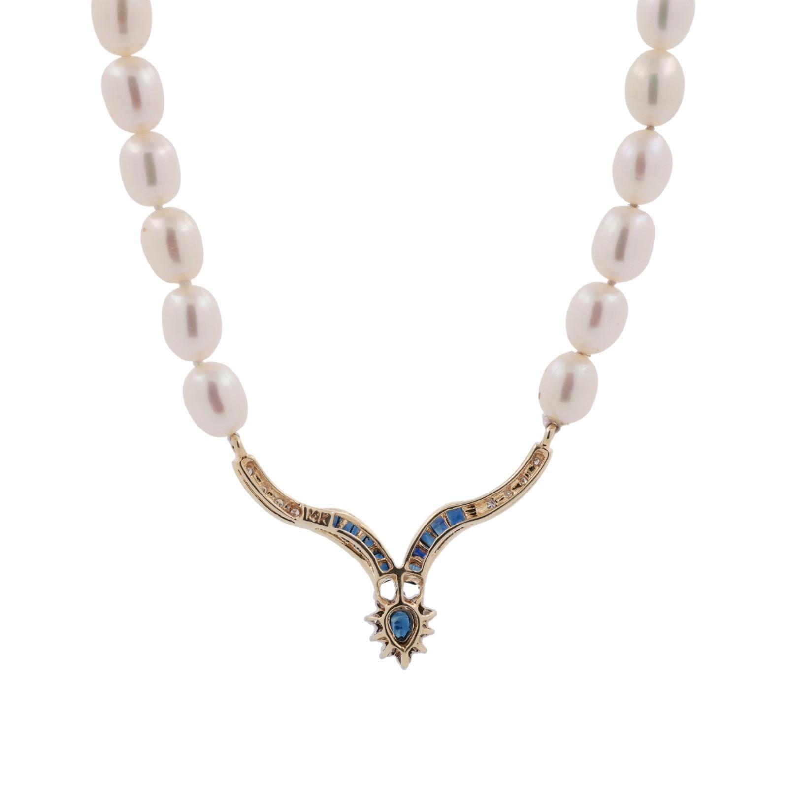 Vintage Pearl Diamond Sapphire Y Drop Necklace 14K Yellow Gold 18.5" Ladies