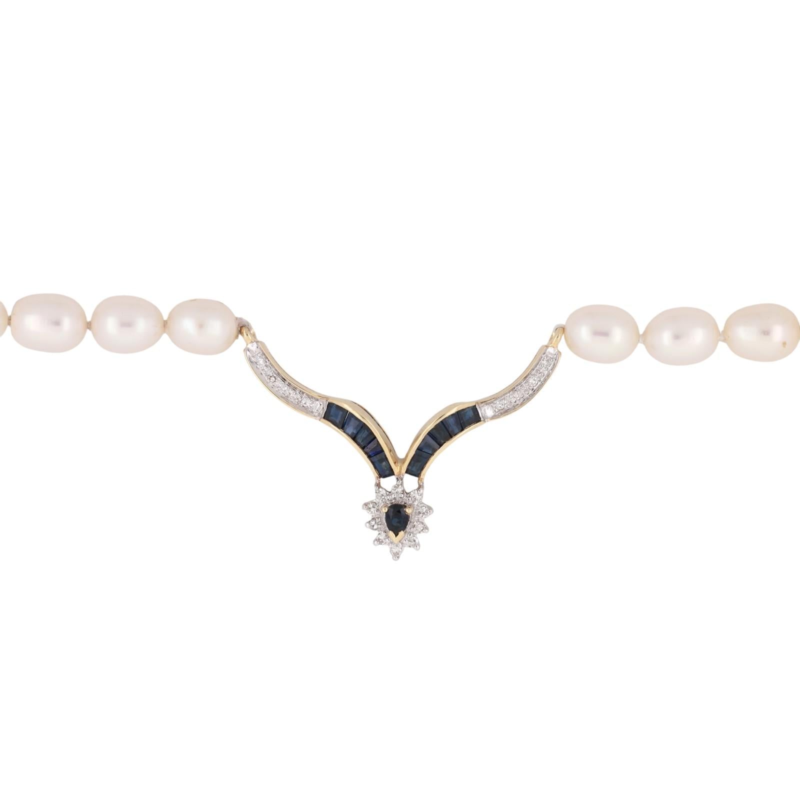 Vintage Pearl Diamond Sapphire Y Drop Necklace 14K Yellow Gold 18.5" Ladies