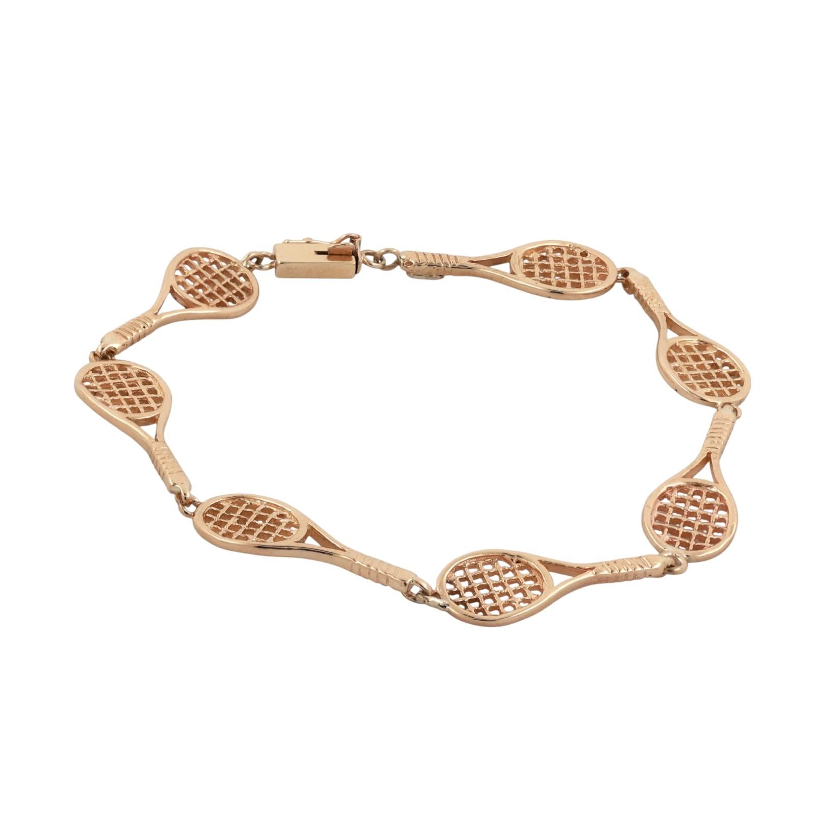 Tennis Racket Charm Link Bracelet 14K Yellow Gold 7.75" Unisex Estate