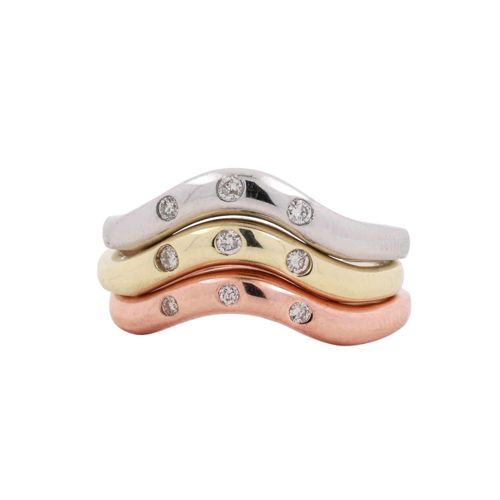 14K Tri Color Gold Stackable Wave Band Ring Set 0.20 TW Size 8 Estate