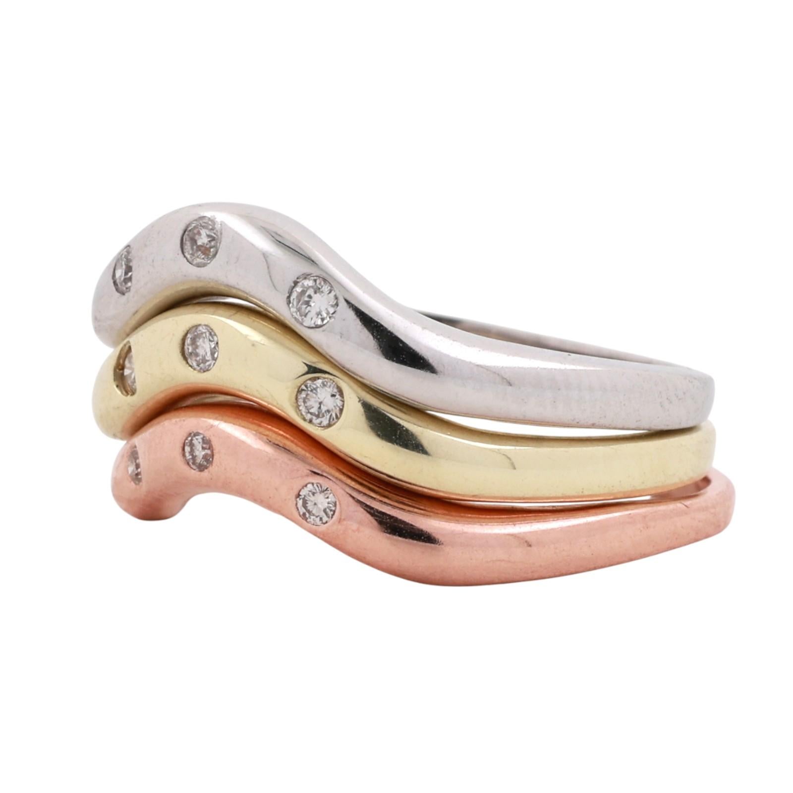 14K Tri Color Gold Stackable Wave Band Ring Set 0.20 TW Size 8 Estate