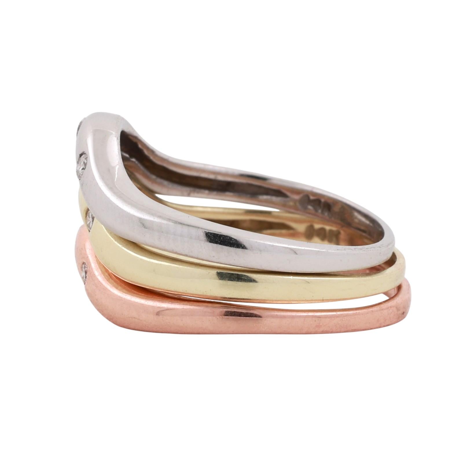 14K Tri Color Gold Stackable Wave Band Ring Set 0.20 TW Size 8 Estate