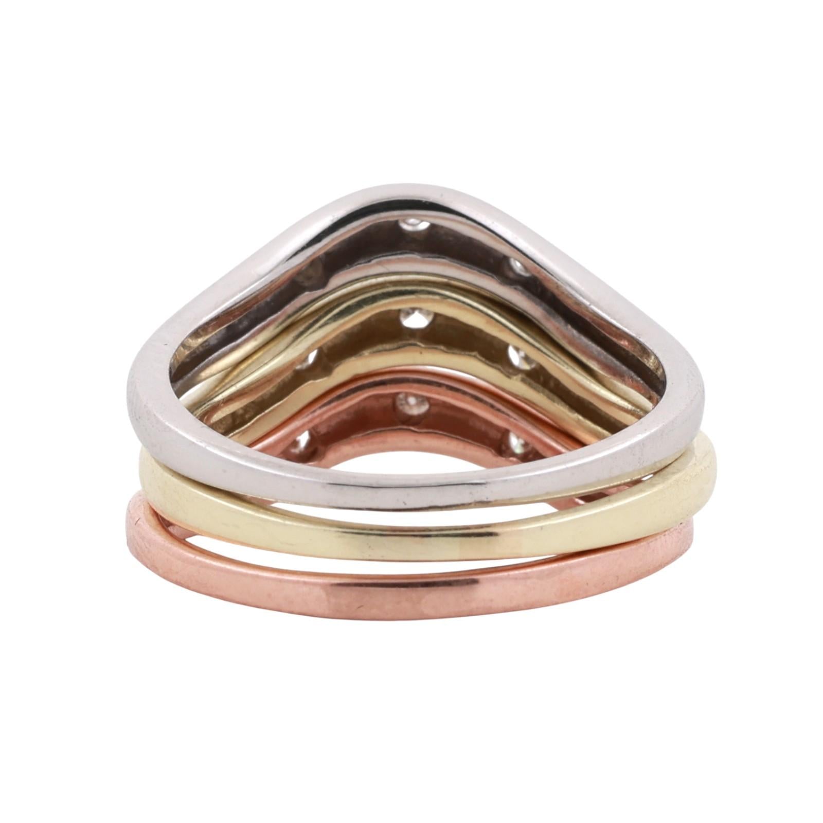 14K Tri Color Gold Stackable Wave Band Ring Set 0.20 TW Size 8 Estate