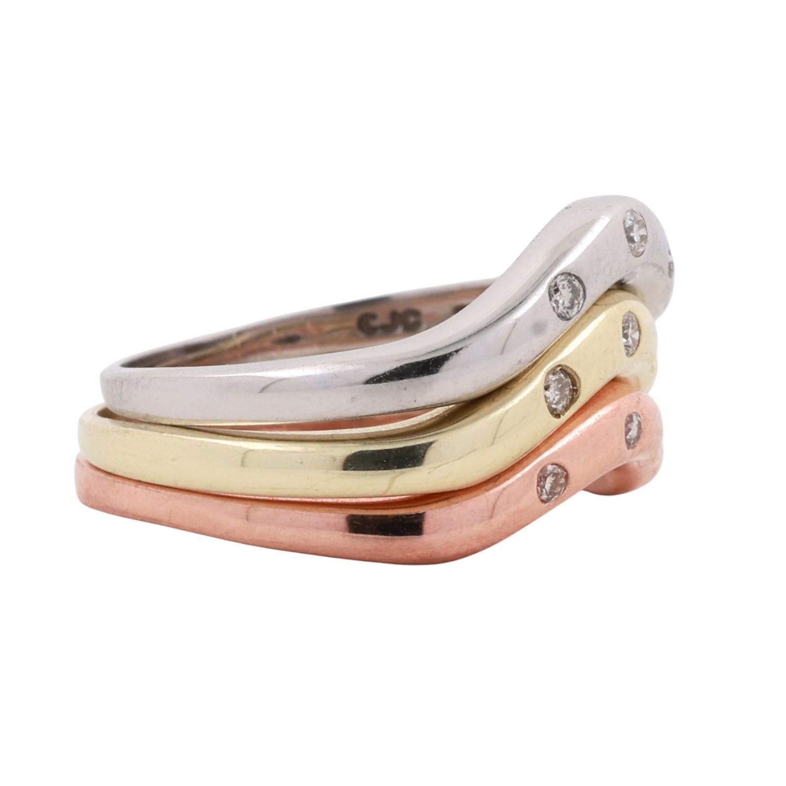 14K Tri Color Gold Stackable Wave Band Ring Set 0.20 TW Size 8 Estate