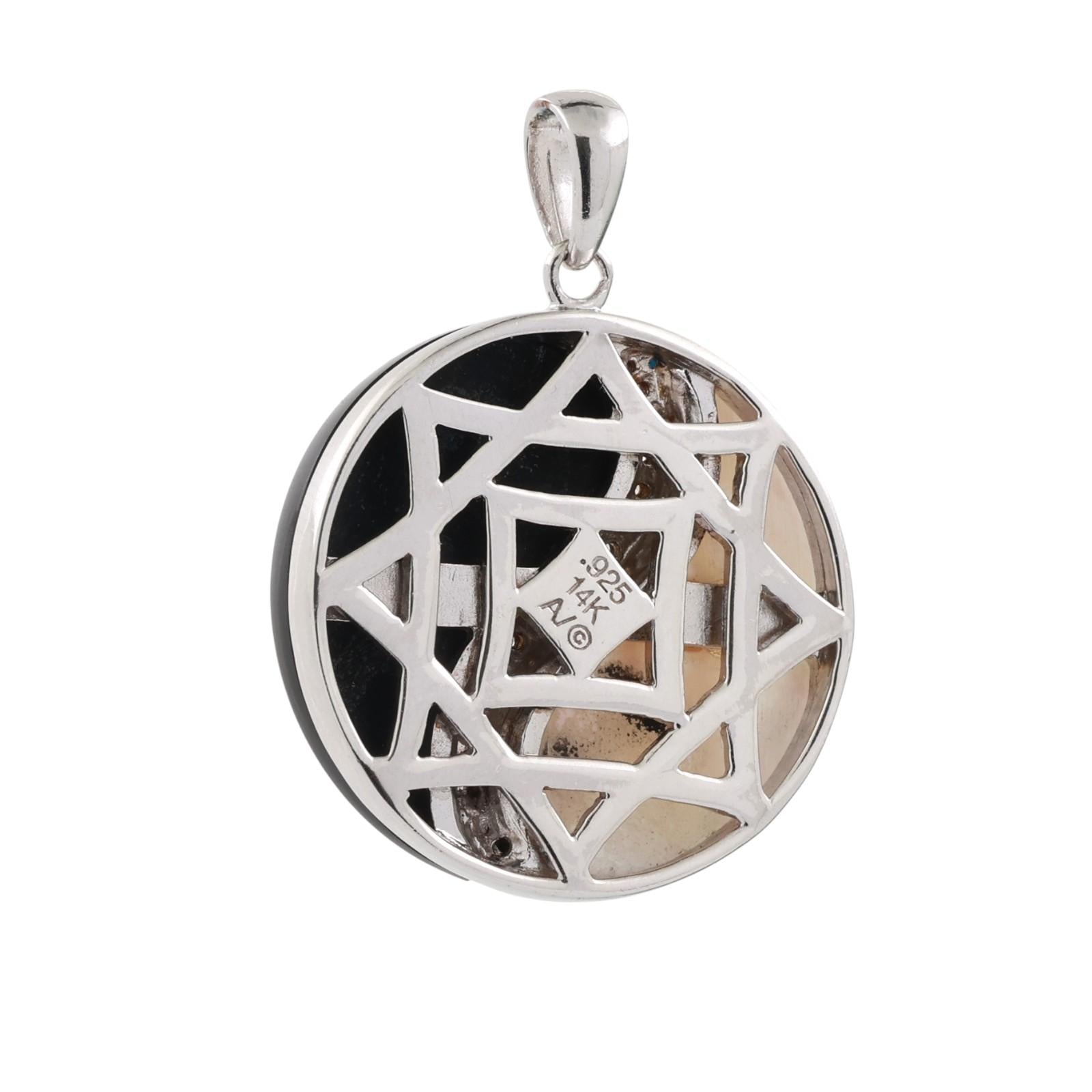 Onyx Mother Of Pearl Diamond Ying Yang Pendant Charm 14K Gold Sterling Silver