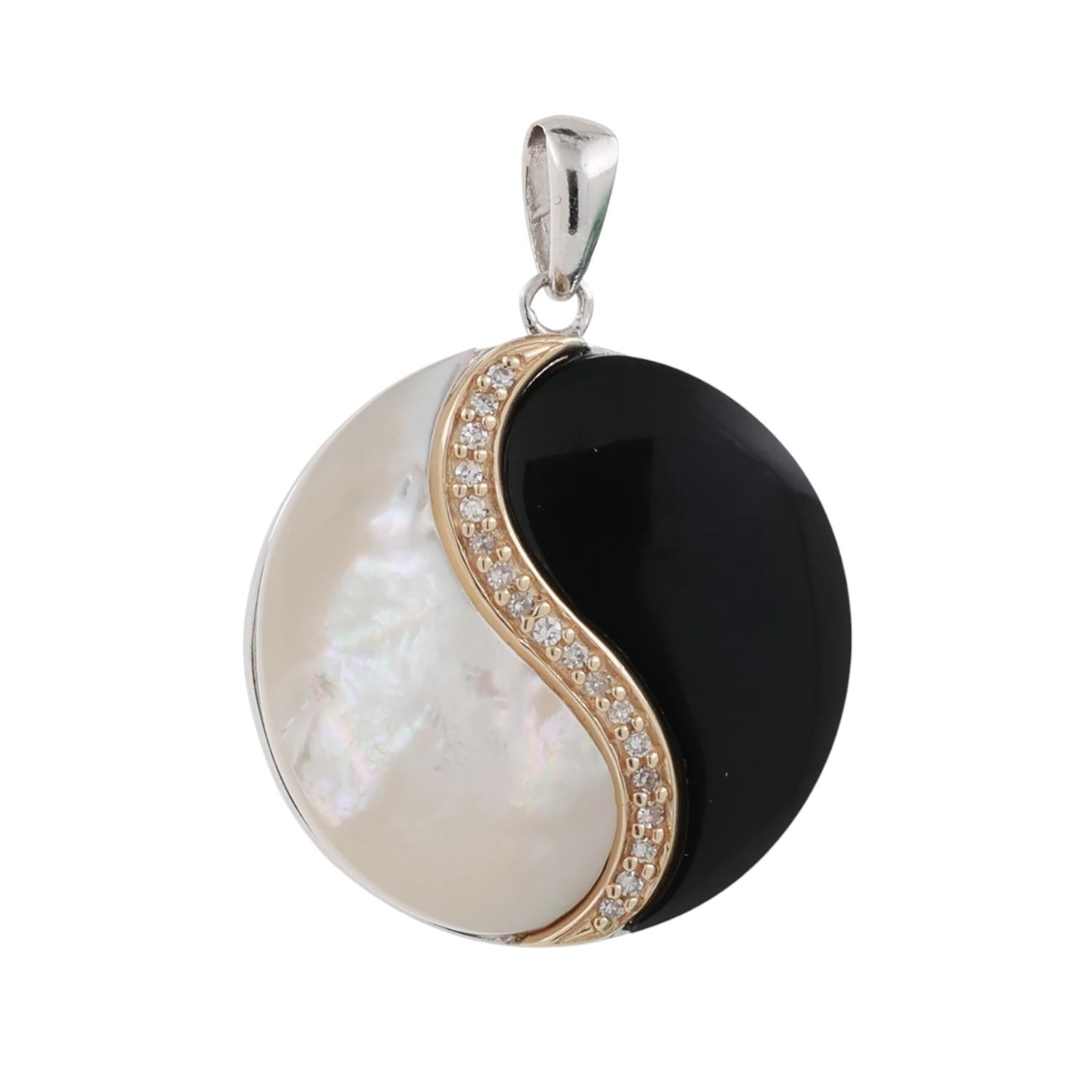 Onyx Mother Of Pearl Diamond Ying Yang Pendant Charm 14K Gold Sterling Silver