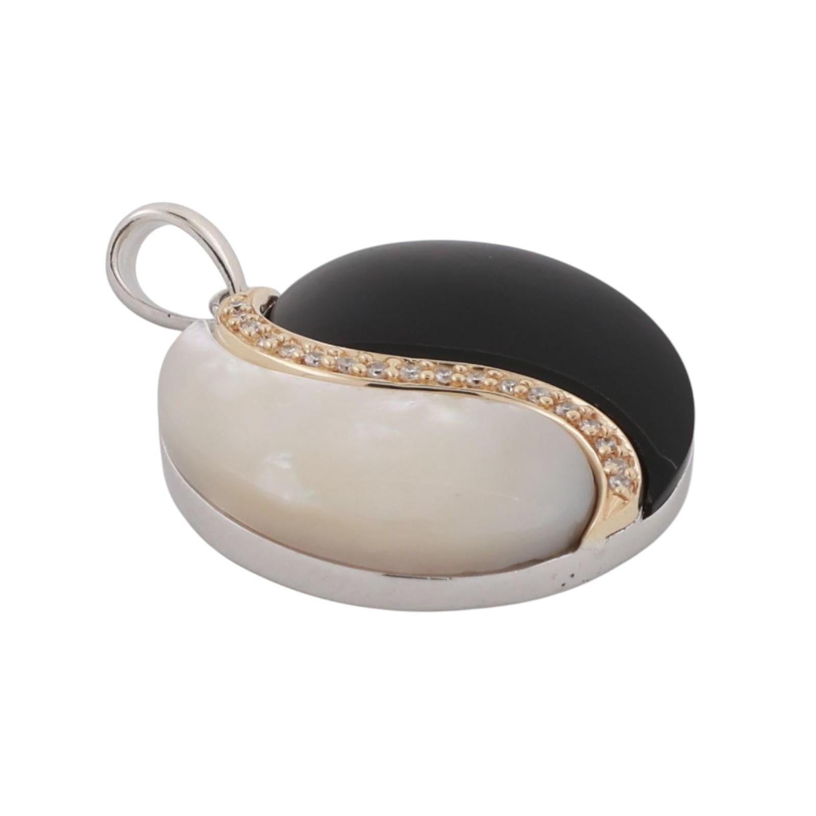 Onyx Mother Of Pearl Diamond Ying Yang Pendant Charm 14K Gold Sterling Silver