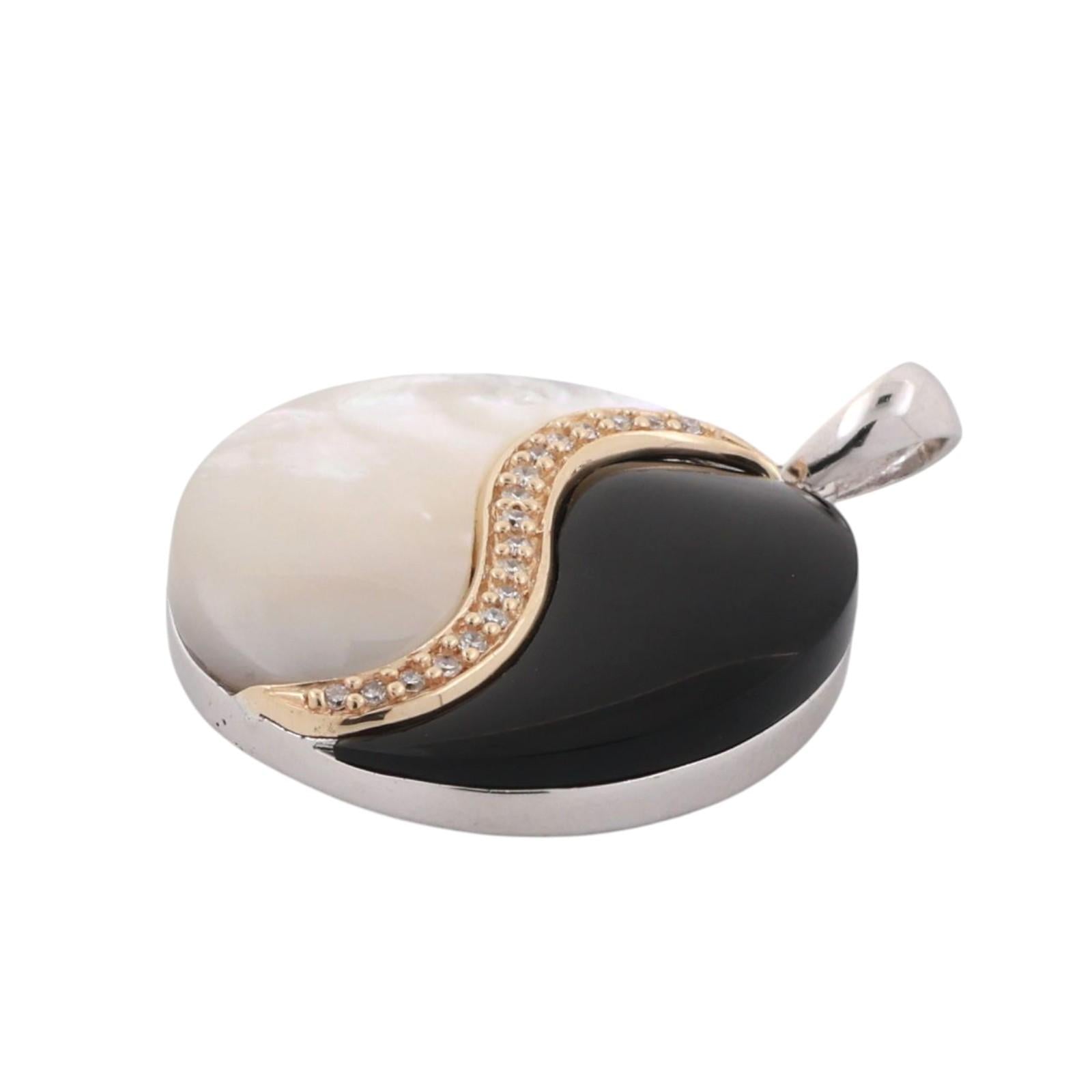 Onyx Mother Of Pearl Diamond Ying Yang Pendant Charm 14K Gold Sterling Silver