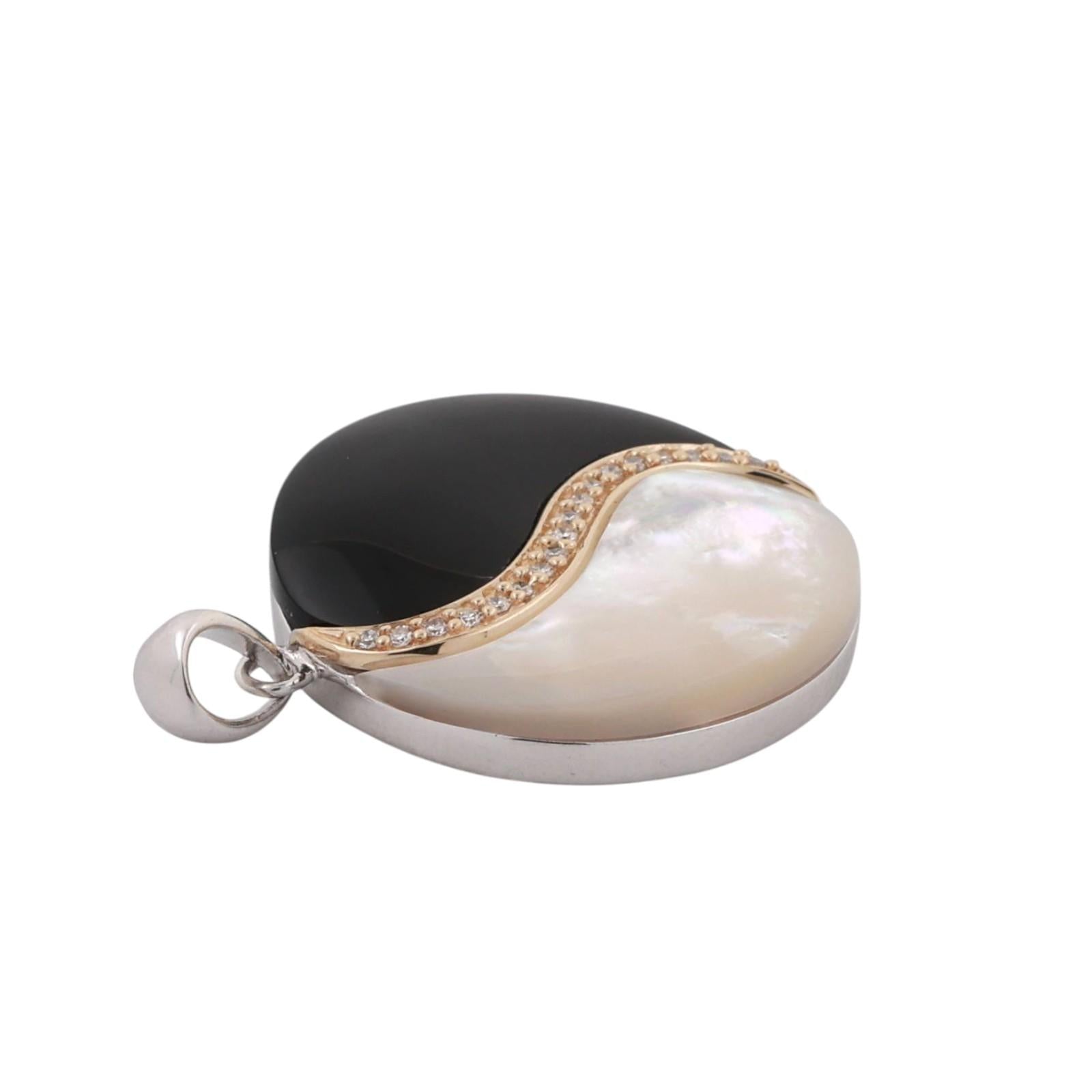 Onyx Mother Of Pearl Diamond Ying Yang Pendant Charm 14K Gold Sterling Silver