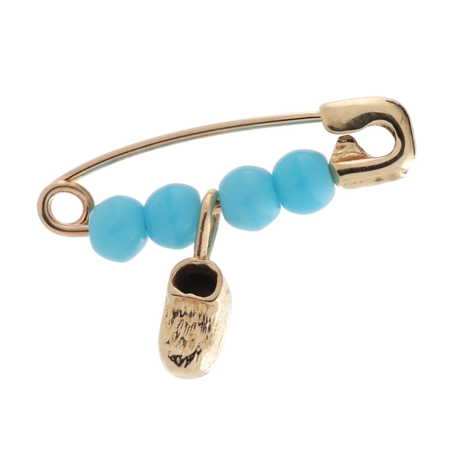Safety Pin Charm Pendant 14K Yellow Gold Turquoise Beads Shoe Charm 0.60"