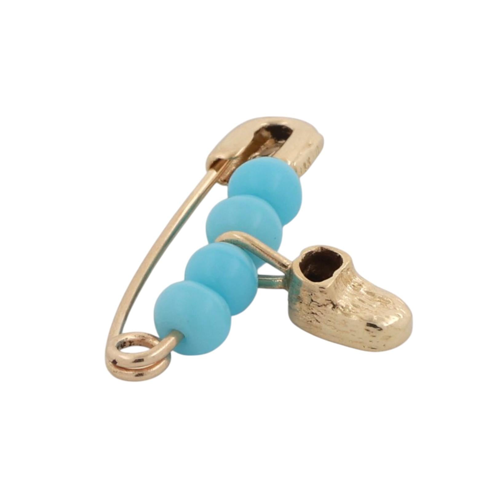 Safety Pin Charm Pendant 14K Yellow Gold Turquoise Beads Shoe Charm 0.60"