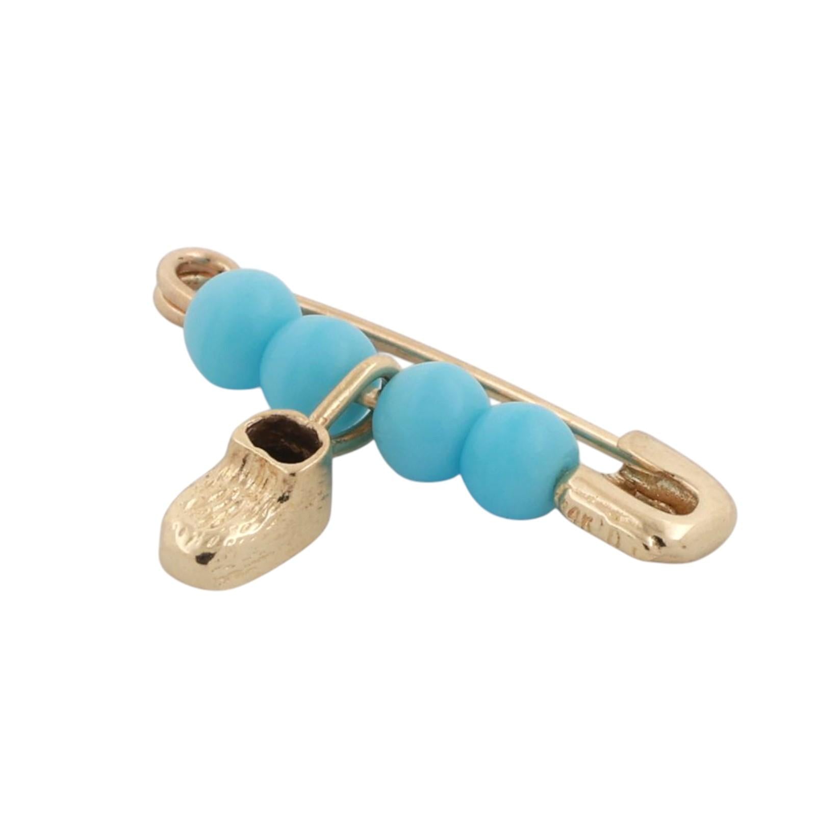 Safety Pin Charm Pendant 14K Yellow Gold Turquoise Beads Shoe Charm 0.60"