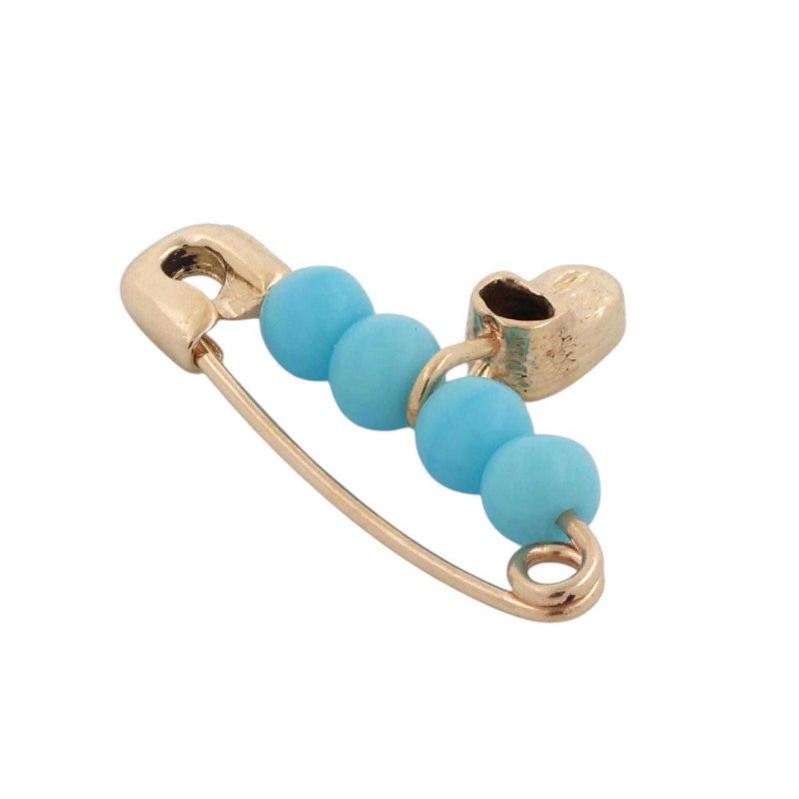 Safety Pin Charm Pendant 14K Yellow Gold Turquoise Beads Shoe Charm 0.60"