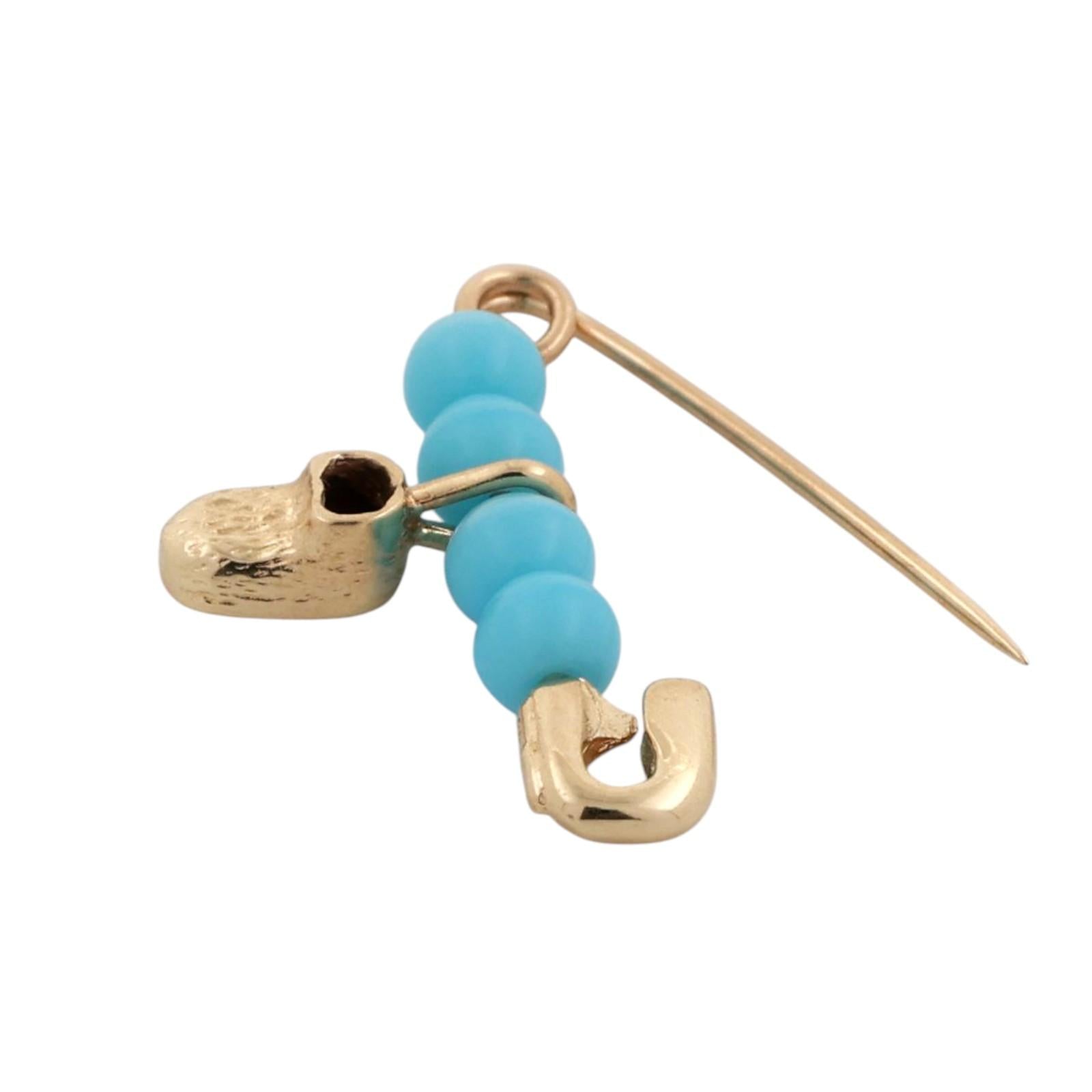 Safety Pin Charm Pendant 14K Yellow Gold Turquoise Beads Shoe Charm 0.60"