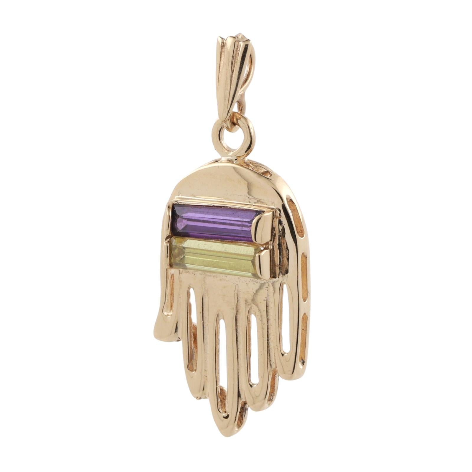 Religious Hamsa Hand Pendant Charm Amethyst Lemon Citrine 14K Yellow Gold 1.30"