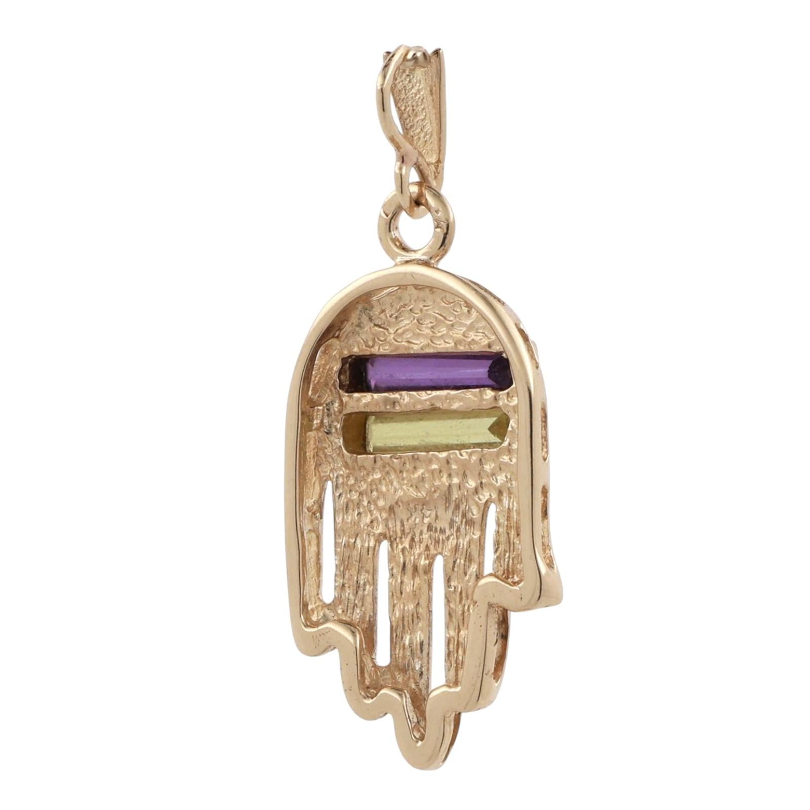 Religious Hamsa Hand Pendant Charm Amethyst Lemon Citrine 14K Yellow Gold 1.30"
