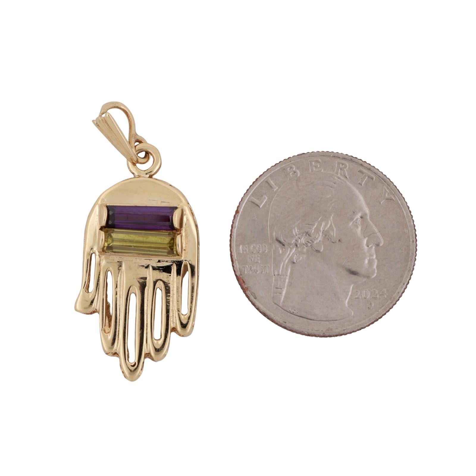 Religious Hamsa Hand Pendant Charm Amethyst Lemon Citrine 14K Yellow Gold 1.30"