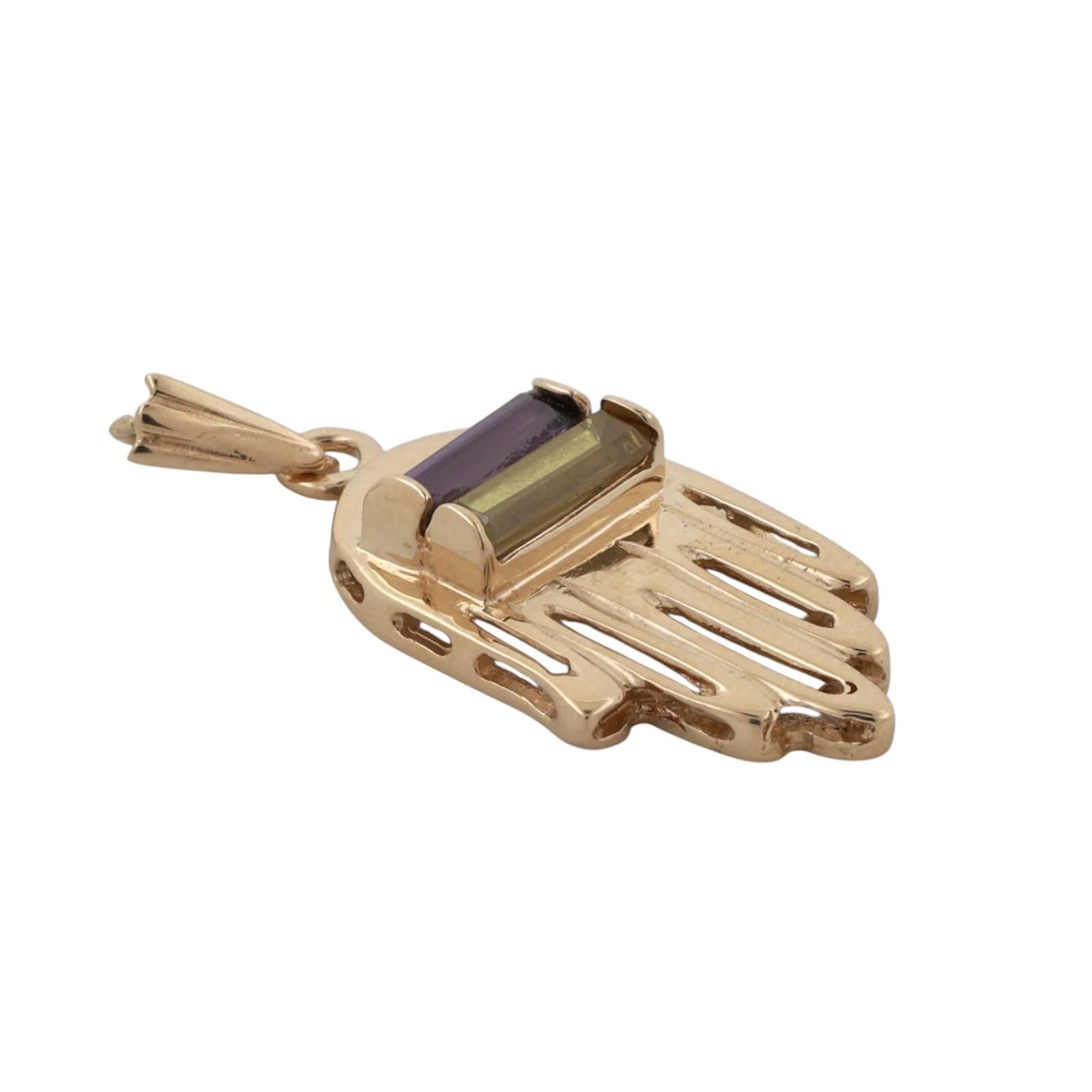 Religious Hamsa Hand Pendant Charm Amethyst Lemon Citrine 14K Yellow Gold 1.30"