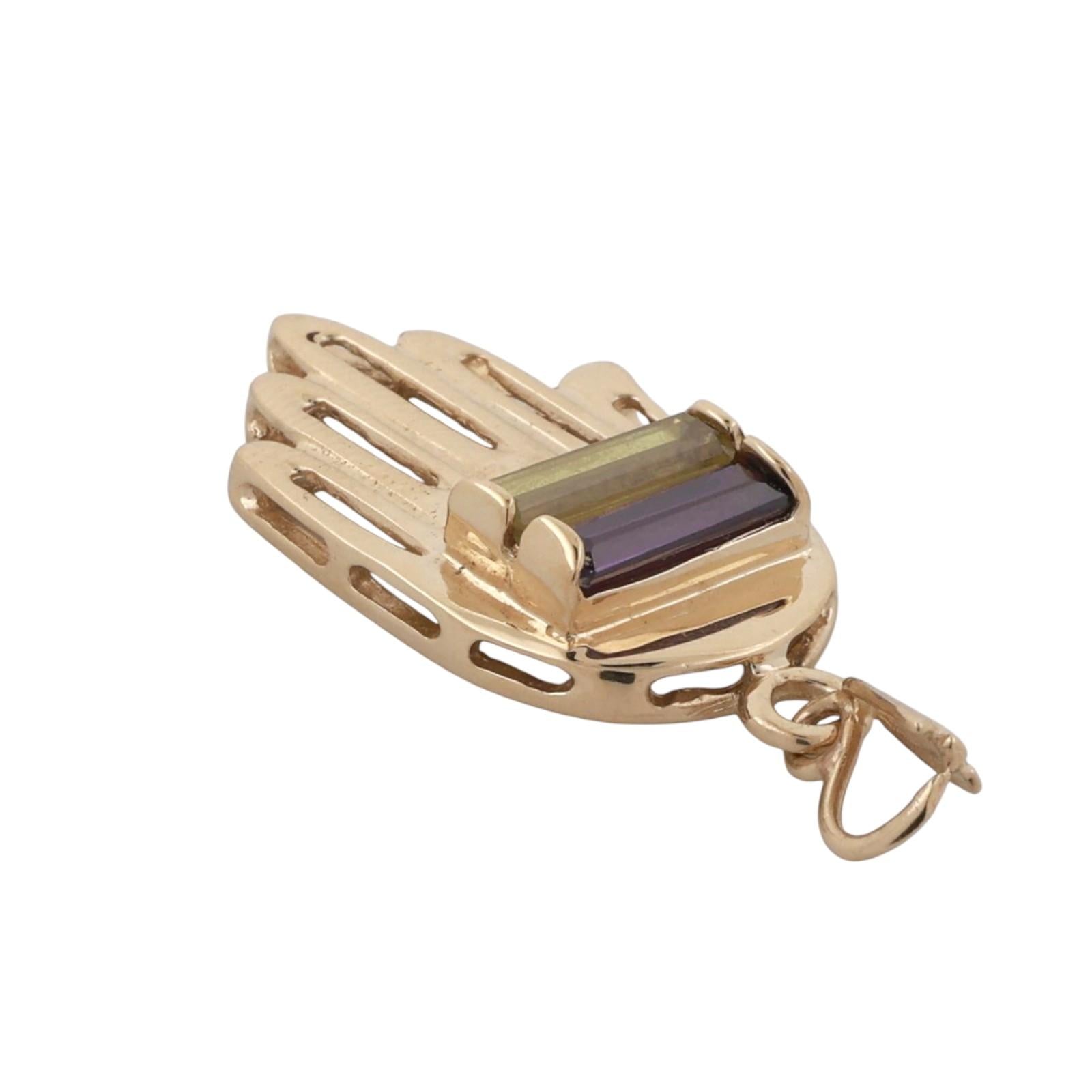 Religious Hamsa Hand Pendant Charm Amethyst Lemon Citrine 14K Yellow Gold 1.30"