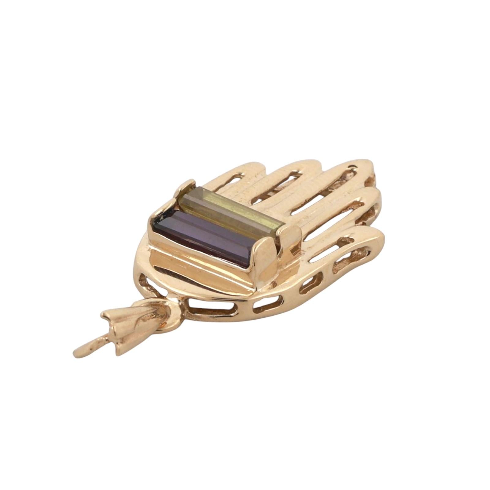 Religious Hamsa Hand Pendant Charm Amethyst Lemon Citrine 14K Yellow Gold 1.30"