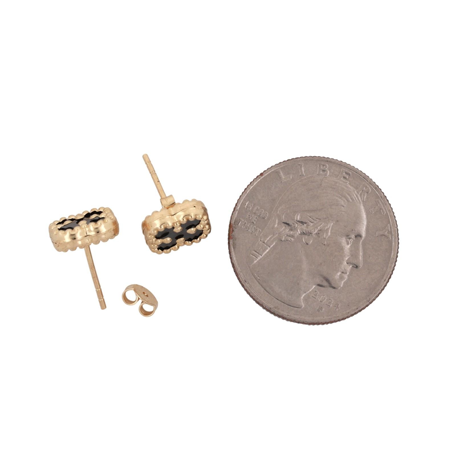 Four Leaf Clover Black Onyx Stud Earrings 14K Yellow Gold Ladies Estate