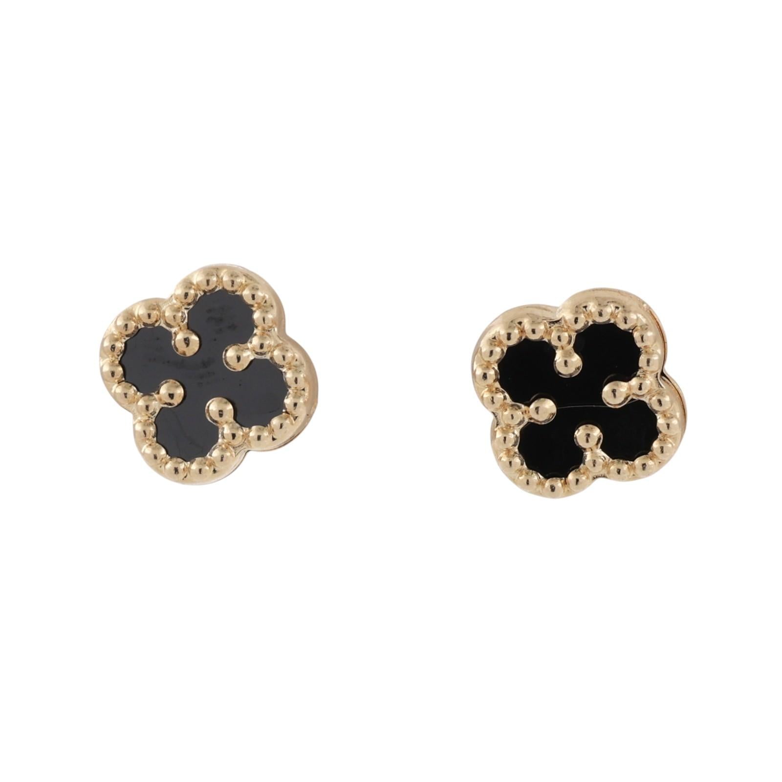 Four Leaf Clover Black Onyx Stud Earrings 14K Yellow Gold Ladies Estate