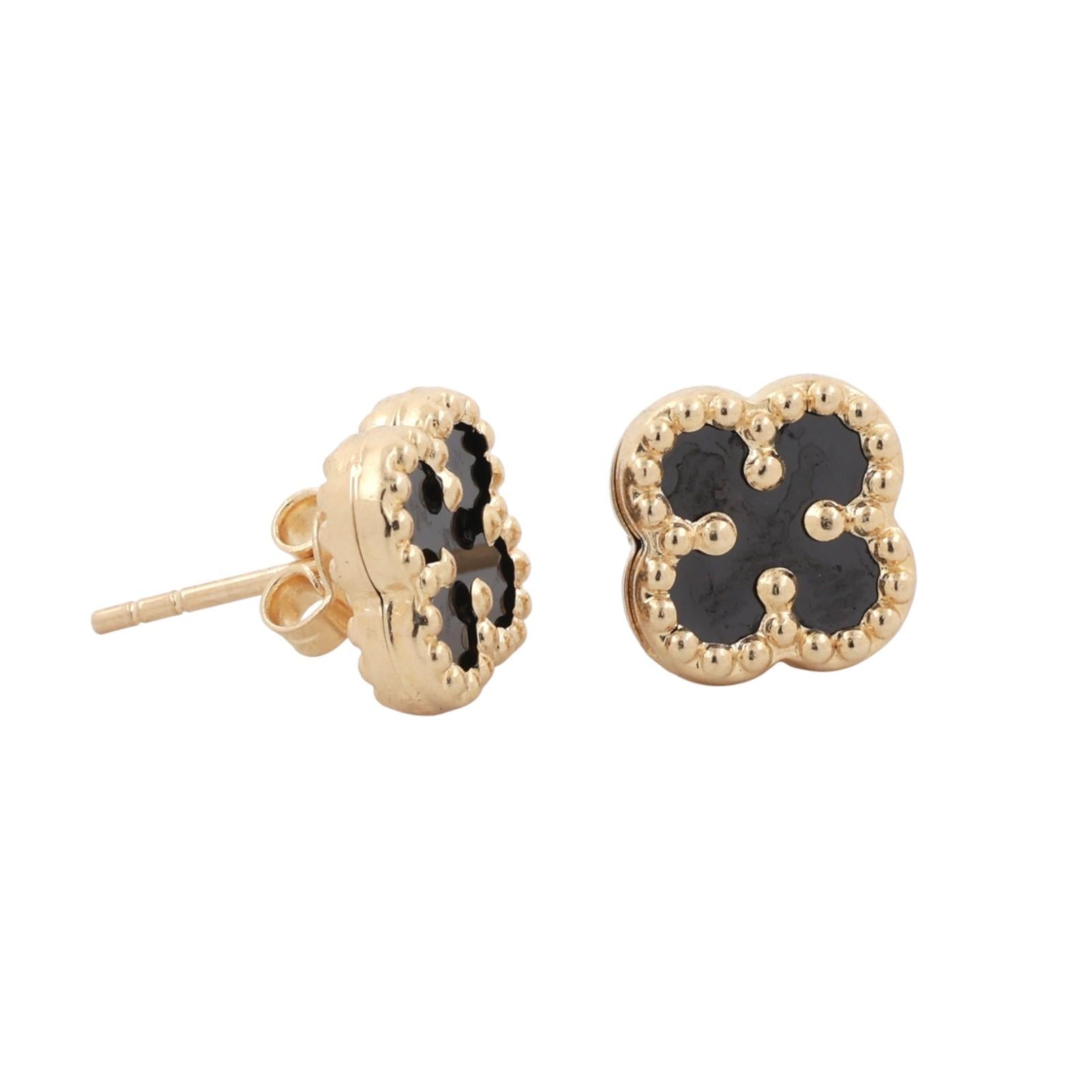 Four Leaf Clover Black Onyx Stud Earrings 14K Yellow Gold Ladies Estate