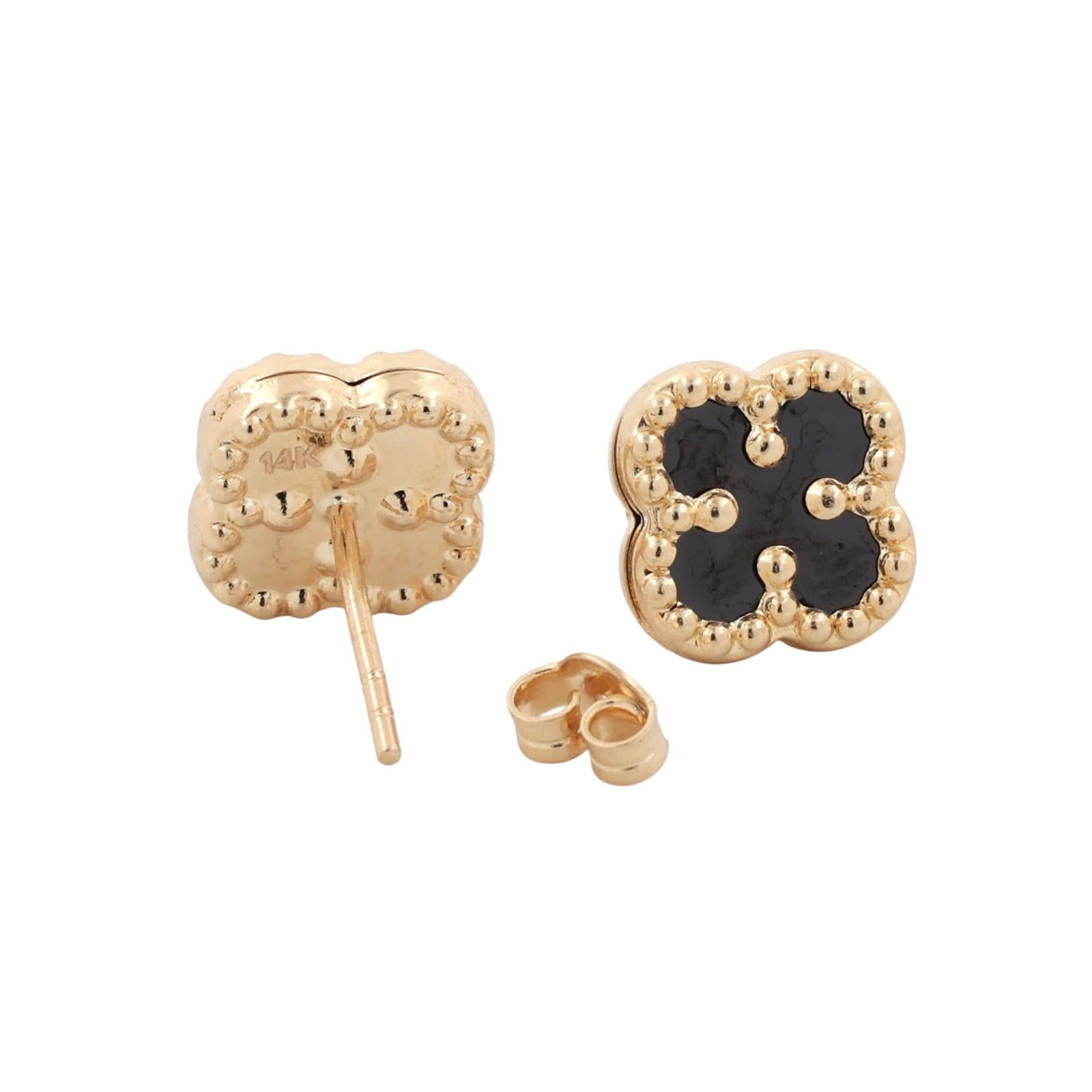 Four Leaf Clover Black Onyx Stud Earrings 14K Yellow Gold Ladies Estate