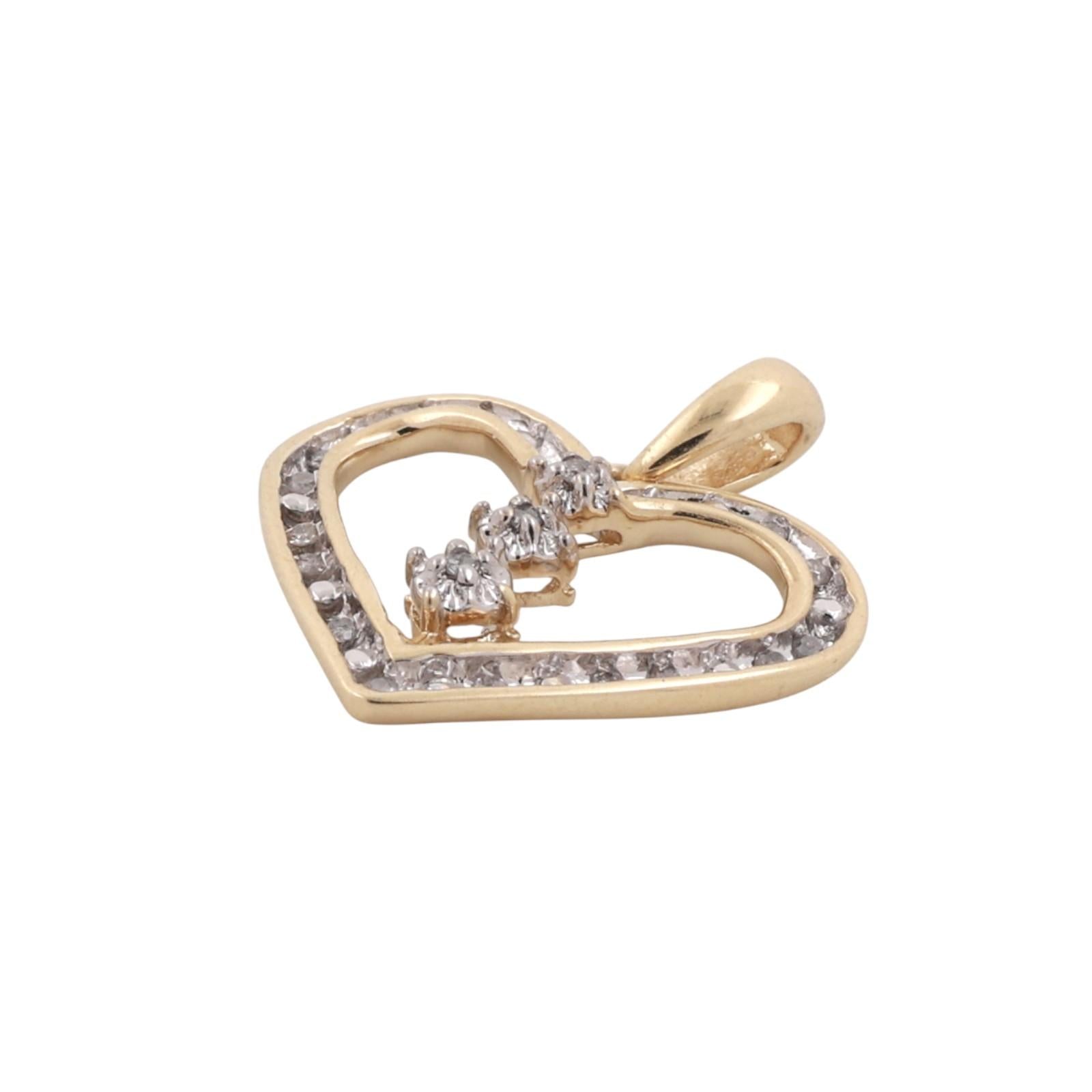 Diamond Open Heart Pendant 10K Gold 0.20 TW Channel Set Diamonds 0.95" Ladies