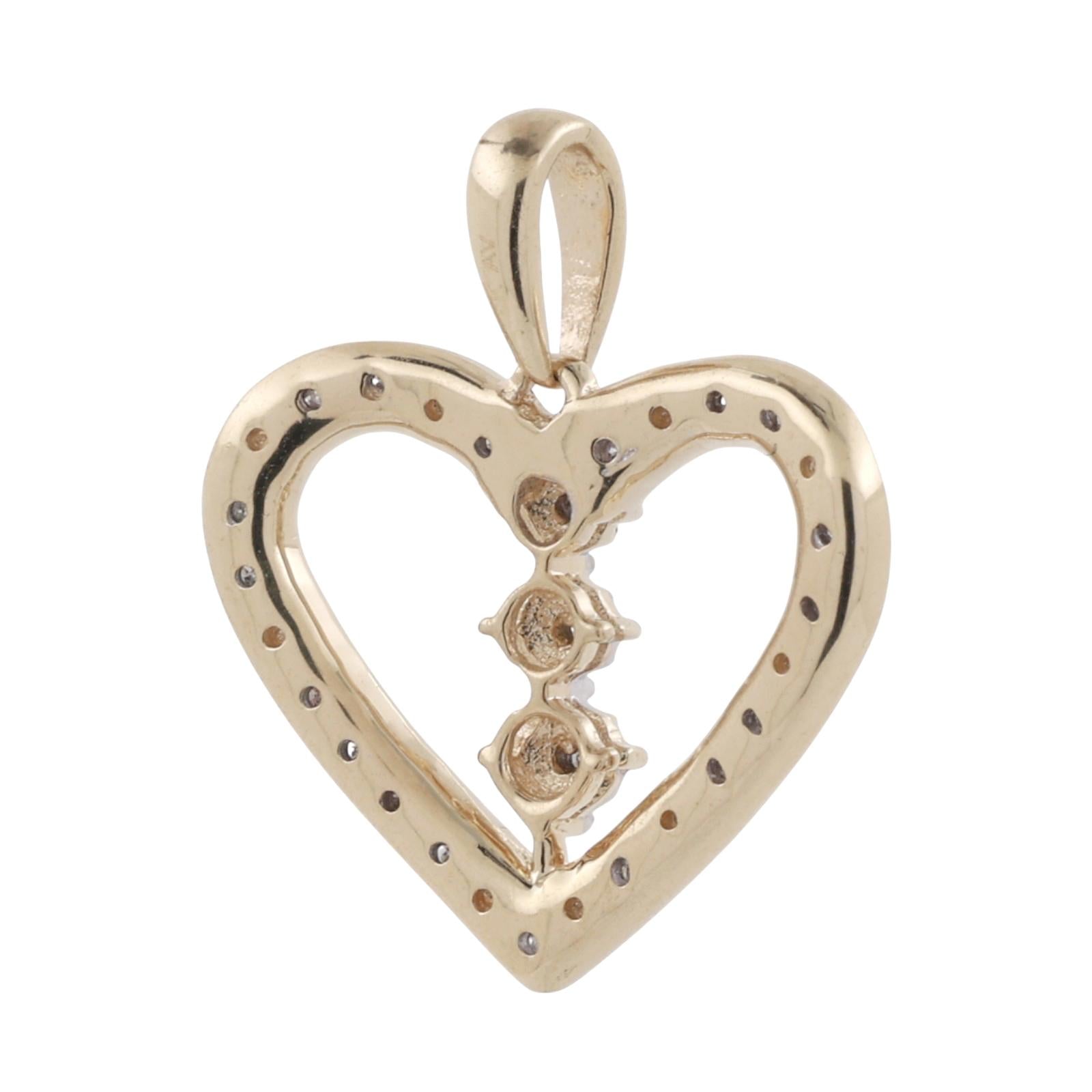 Diamond Open Heart Pendant 10K Gold 0.20 TW Channel Set Diamonds 0.95" Ladies
