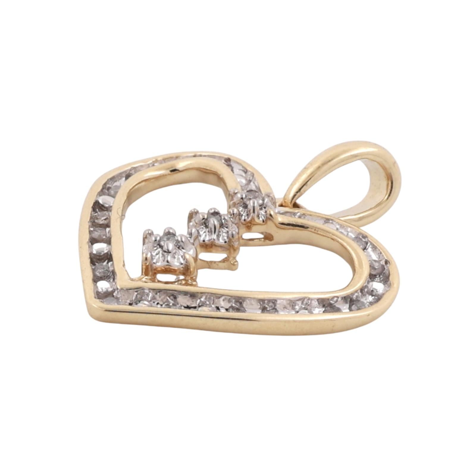 Diamond Open Heart Pendant 10K Gold 0.20 TW Channel Set Diamonds 0.95" Ladies
