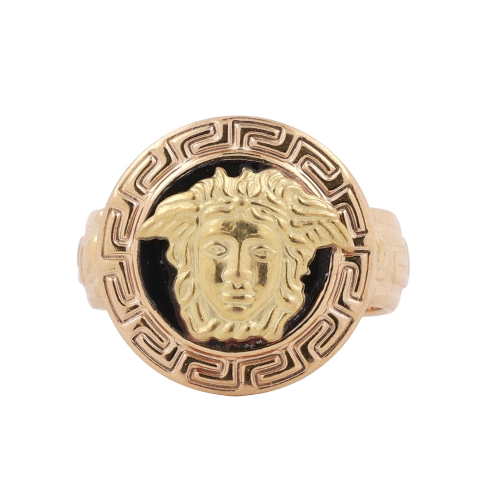 Black Onyx Greek Key Medusa Ring 18K Yellow Gold Size 6 Unisex Estate