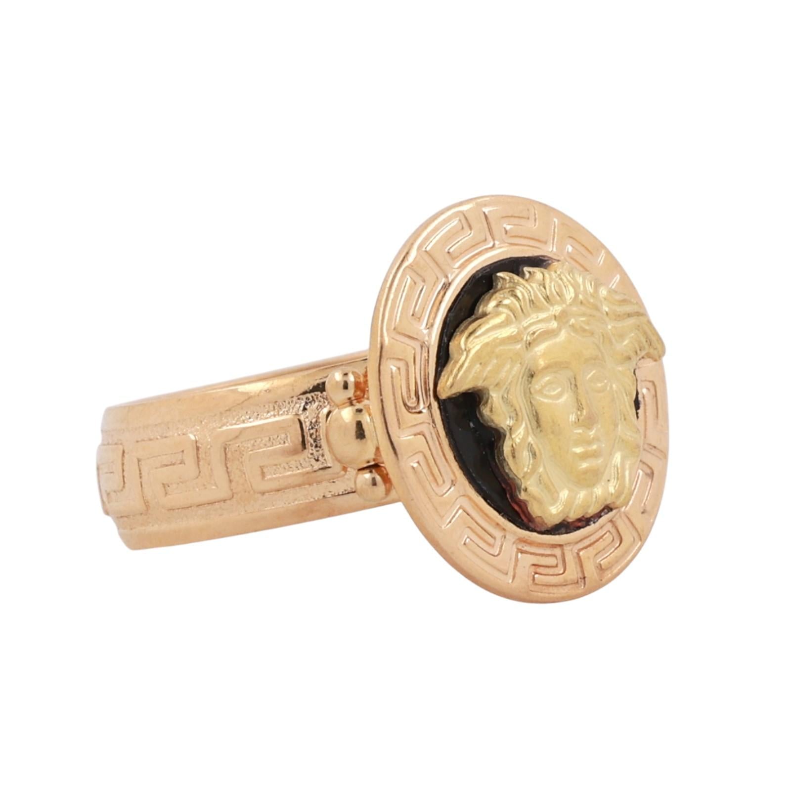 Black Onyx Greek Key Medusa Ring 18K Yellow Gold Size 6 Unisex Estate