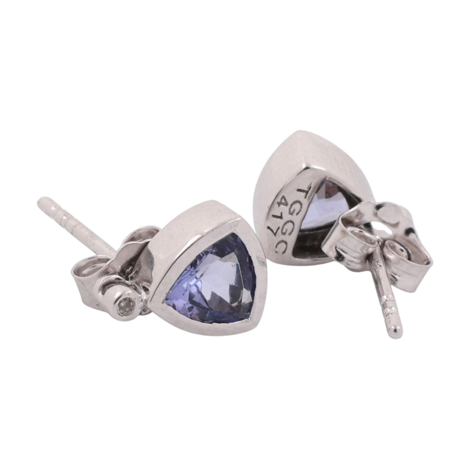 Triangular Iolite Diamond Stud Earrings 10K White Gold 0.78 CTW 0.23" Ladies