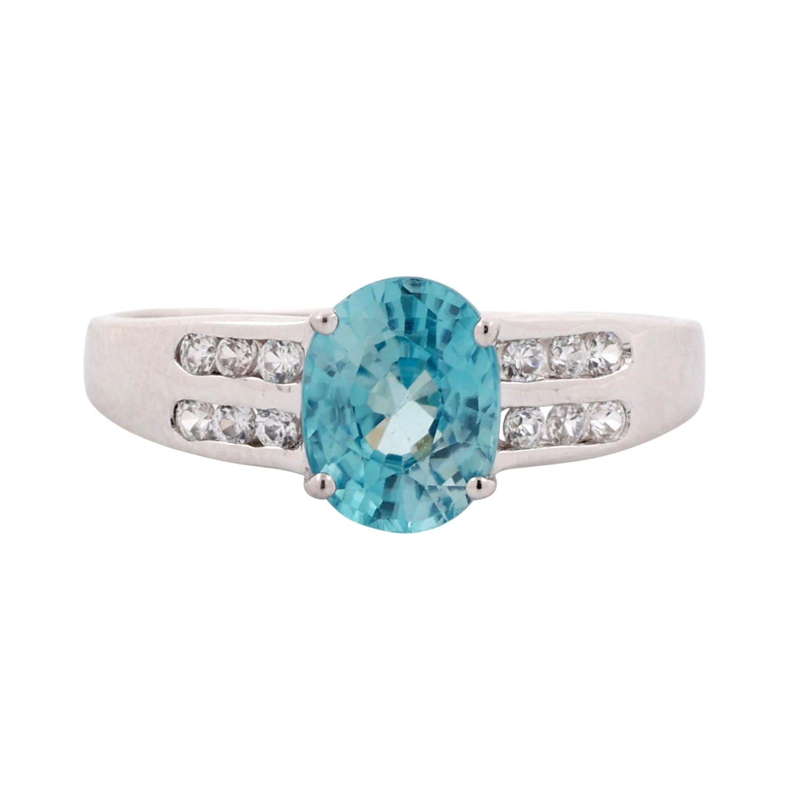Solitaire Blue Zircon Topaz Accent Ring 10K White Gold 2.07 CTW Size 7.25 Estate