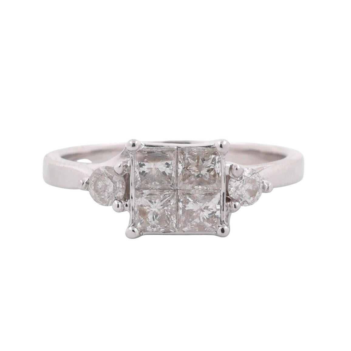 1.00 TW Princess Cut Cluster Diamond Ring 10K White Gold Round Accent SZ 7.25