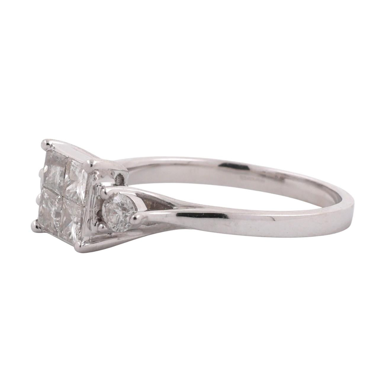 1.00 TW Princess Cut Cluster Diamond Ring 10K White Gold Round Accent SZ 7.25