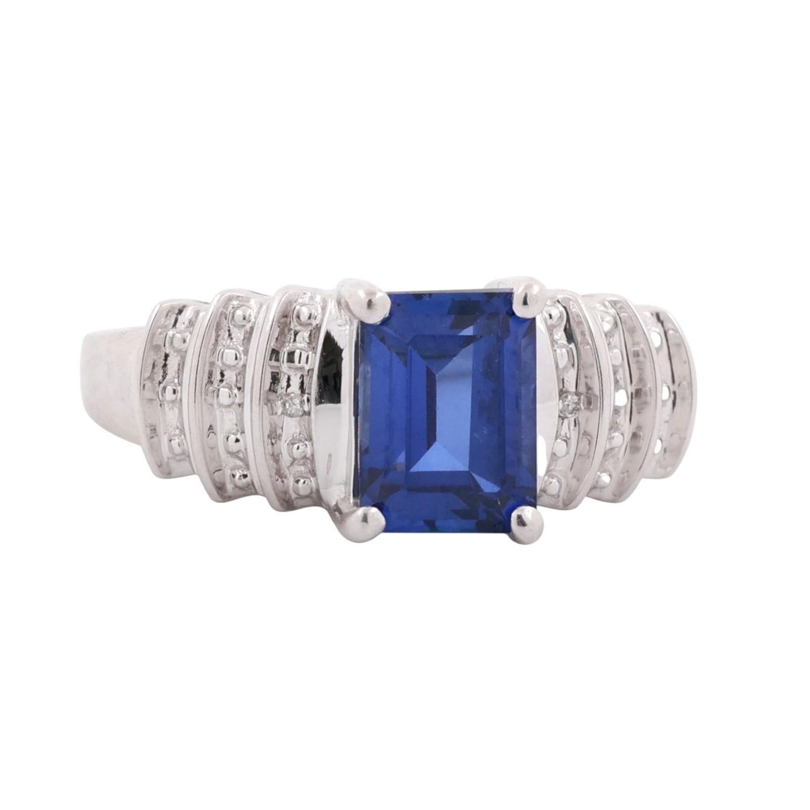 Emerald Cut Blue Sapphire Diamond Ring 10K White Gold 1.77 CTW Lab Grown SZ 6.5
