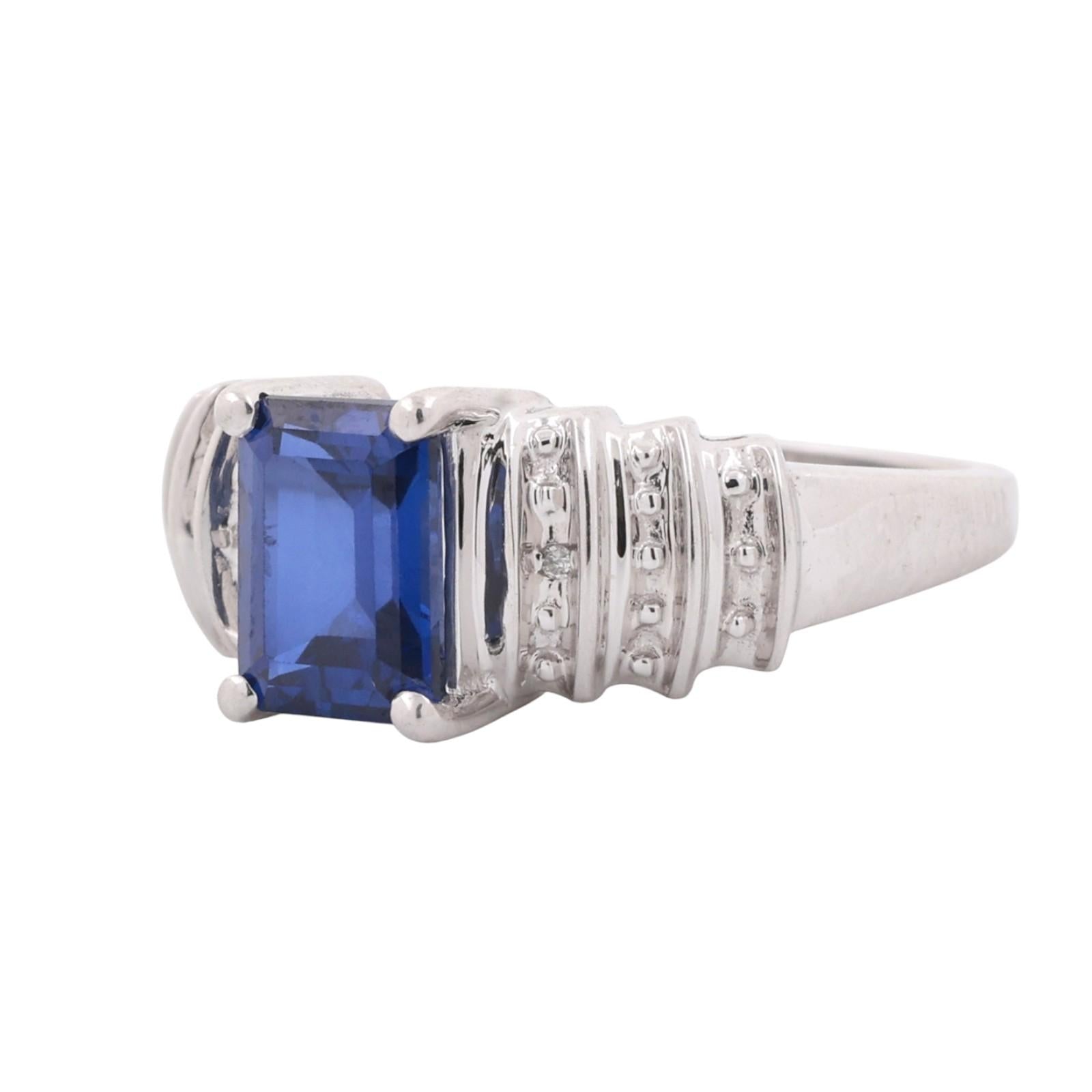 Emerald Cut Blue Sapphire Diamond Ring 10K White Gold 1.77 CTW Lab Grown SZ 6.5